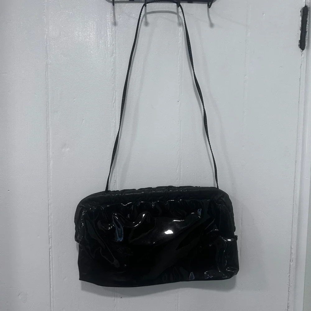 Vintage Black Patent Leather Ruched Frame Shoulder Bag Clutch Evening Purse